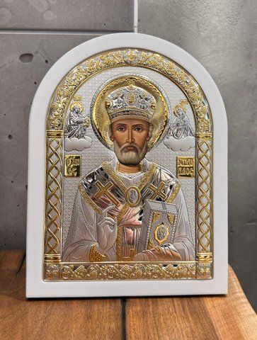Срібна ікона &laquo;Святий Миколай Чудотворець&raquo; у бежевій рамі, 21&times;27 см A 6 003 GB фото