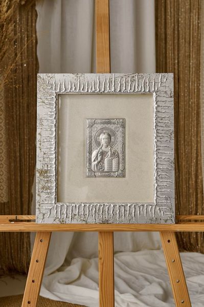 Срібна ікона &laquo;Ісус Христос&raquo; у рамі з патиною, 34&times;38 см QS 252 фото