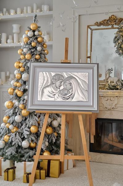 Серебряная икона &laquo;Святая Семья&raquo; 82x55 см в серой рамке LE 4656 DM 8330 GY фото