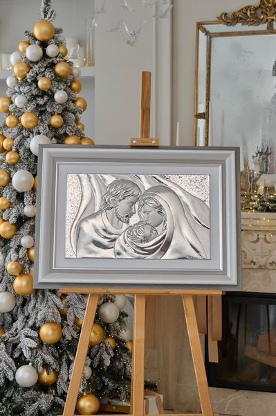 Серебряная икона &laquo;Святая Семья&raquo; 82x55 см в серой рамке LE 4656 DM 8330 GY фото