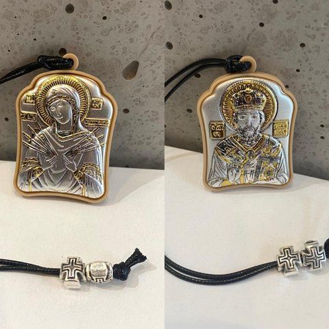 Автомобільна срібна ікона &laquo;Святий Миколай &mdash; Семистрільна&raquo; із золотими акцентами 3x4 см PA-0 003-006G фото