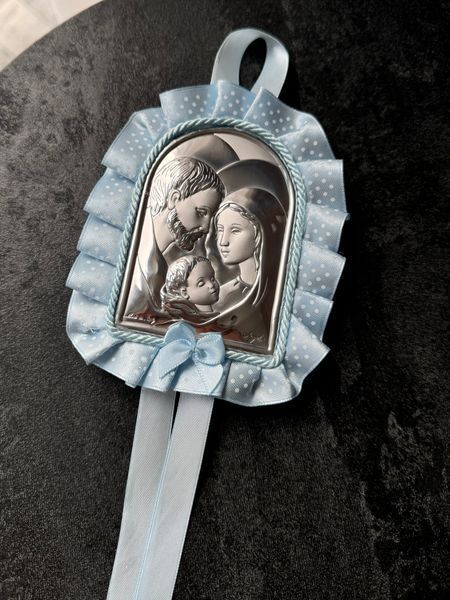 Срібна дитяча ікона &laquo;Свята Родина&raquo; велика на блакитній підкладці з бантом 83952 C фото