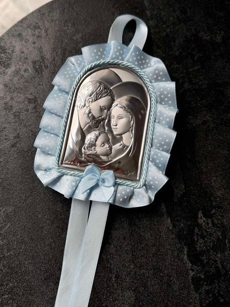 Срібна дитяча ікона &laquo;Свята Родина&raquo; велика на блакитній підкладці з бантом 83952 C фото