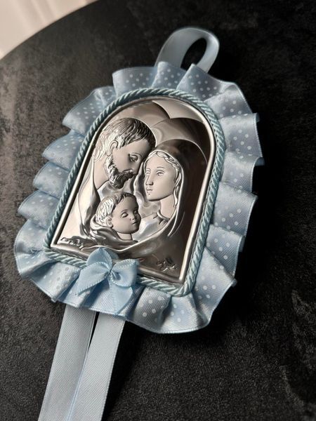Срібна дитяча ікона &laquo;Свята Родина&raquo; велика на блакитній підкладці з бантом 83952 C фото