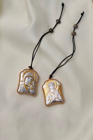 Автомобільна срібна ікона &laquo;Казанська Богородиця &mdash; Ангел&raquo; із золотими акцентами 3x4 см PA-0 002-007G фото