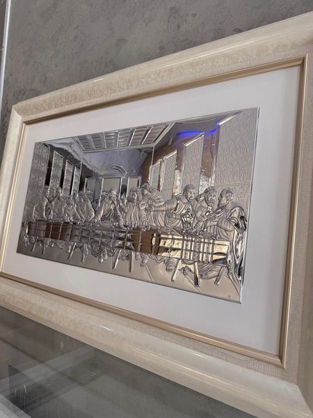 Срібна ікона &laquo;Тайна вечеря&raquo; 85x56 см із золотими акцентами у бежевій рамці 3507 DM 8330 BG фото