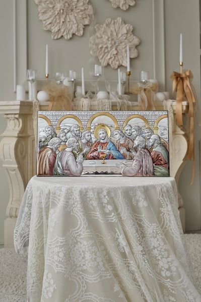 Икона &laquo;Тайная вечеря&raquo; цветная серебряная 22&times;43 см без рамки. AE 0290 4D фото