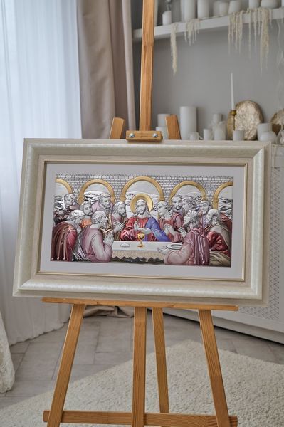 Серебряная икона &laquo;Тайная вечеря&raquo; 82x55 см цветная в бежевой рамке. 0290 5 D DM 8330 BG фото