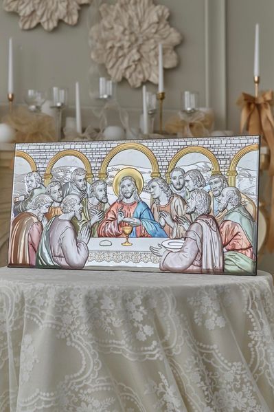 Икона &laquo;Тайная вечеря&raquo; цветная серебряная 22&times;43 см без рамки. AE 0290 4D фото