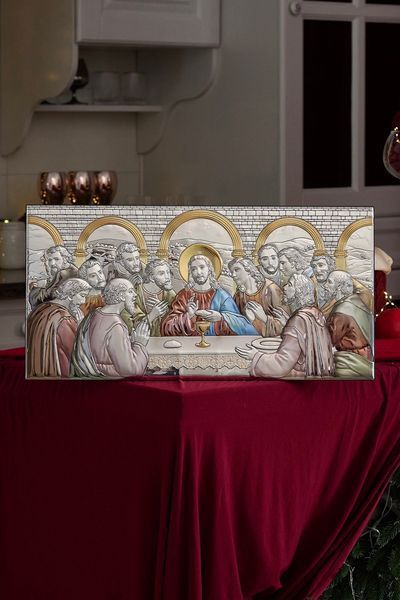 Икона &laquo;Тайная вечеря&raquo; цветная серебряная 22&times;43 см без рамки. AE 0290 4D фото