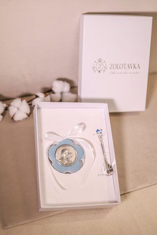 Дитячий набір іконка &laquo;Марія з Немовлям&raquo; кругла блакитна та срібна ложка 1546 164C B8100125 фото