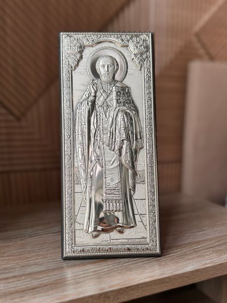 Серебряная икона &laquo;Святой Николай Чудотворец&raquo;, узкий вертикальный формат, 11&times;26 см PD 211 19 фото