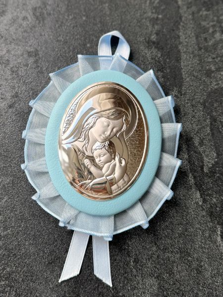 Срібна дитяча ікона &laquo;Марія з Немовлям&raquo; 11,5x13,5 см кругла блакитна з рюшами 0218 1C фото