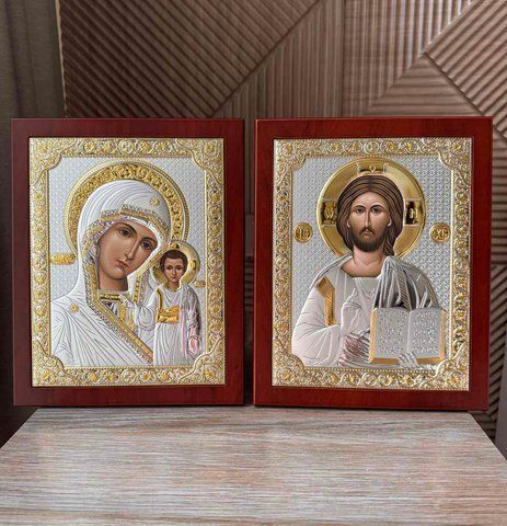 Вінчальна пара &laquo;Спаситель та Богородиця&raquo; 27,5x20,6 см кольорова у дерев'яній рамці PR 6K фото