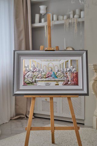 Серебряная икона &laquo;Тайная вечеря&raquo; 86x54 см цветная в серой рамке. CO 6465 8 CS DM 8330 GY фото