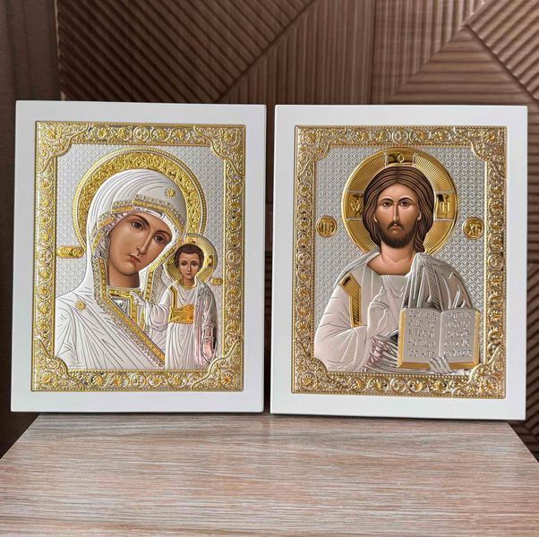 Вінчальна пара &laquo;Спаситель та Богородиця&raquo; 18,5x23,5 см чисто срібна у дерев'яній рамці PR 5B фото