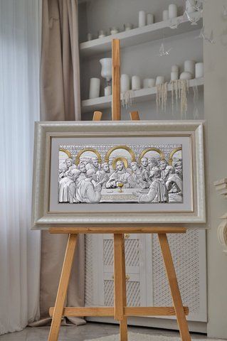 Икона &laquo;Тайная вечеря&raquo; серебряная с позолотой в бежевой рамке 82&times;55 см. 0290 5 DM 8330 BG фото