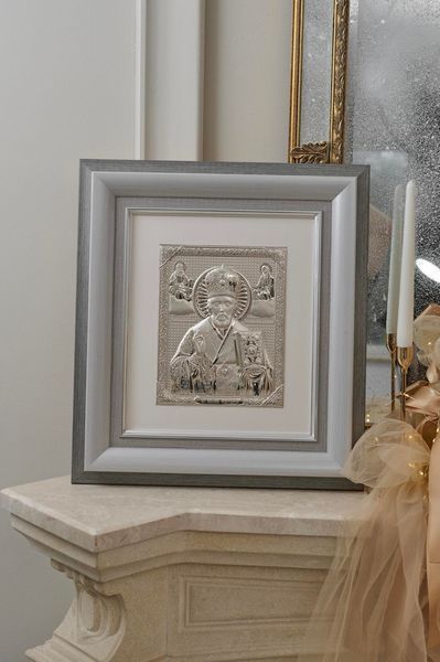 Серебряная икона &laquo;Святой Николай Чудотворец&raquo; в серой раме, 46&times;51 см QOF 202 DM 8330 GY фото