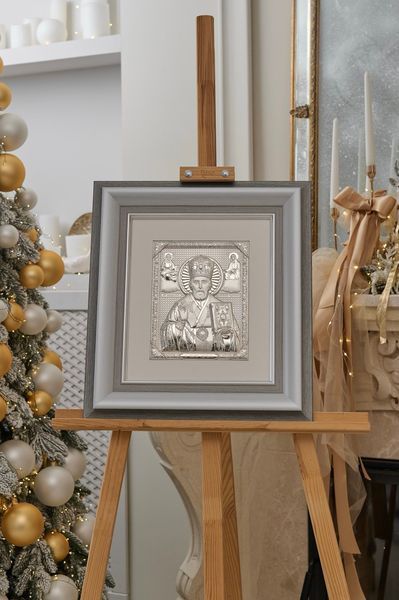 Серебряная икона &laquo;Святой Николай Чудотворец&raquo; в серой раме, 46&times;51 см QOF 202 DM 8330 GY фото